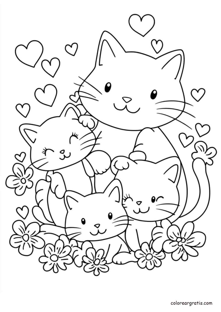 Alt-текст: Dibujo de una familia de gatitos llena de amor para colorear