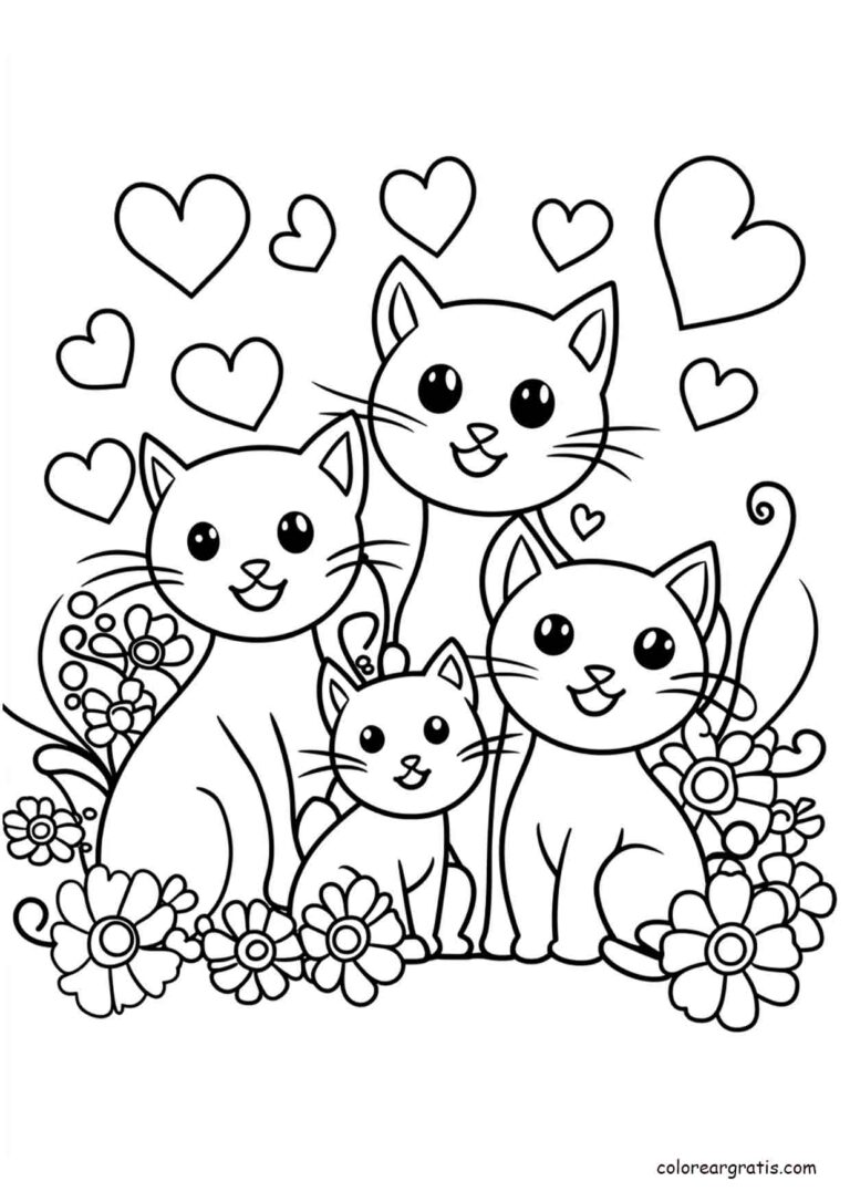 Dibujo de una familia de gatitos rodeados de corazones para colorear