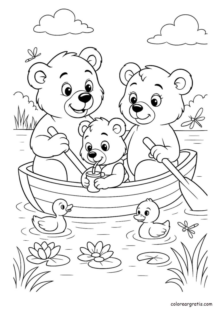 Dibujo de una familia de osos paseando en bote con patitos en el lago