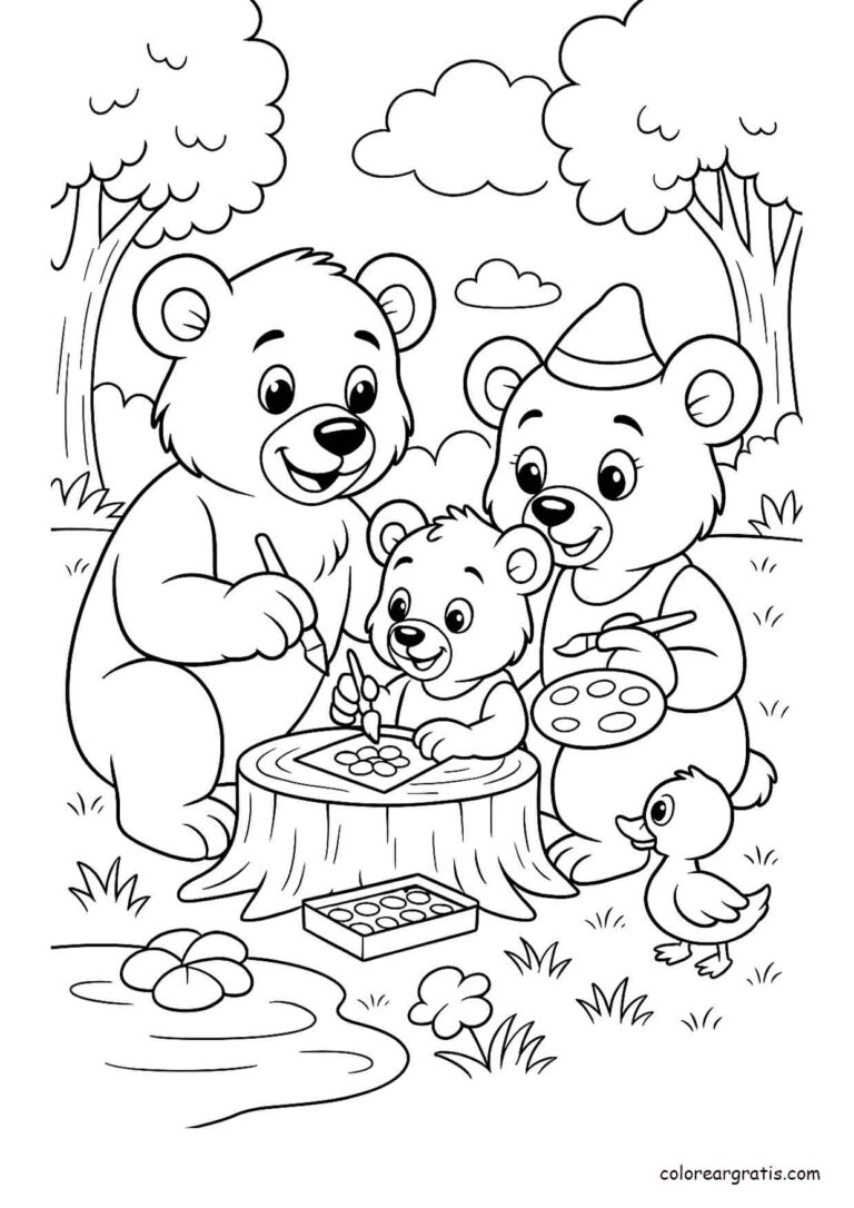 Dibujo de una familia de osos pintando en el bosque junto a un pato