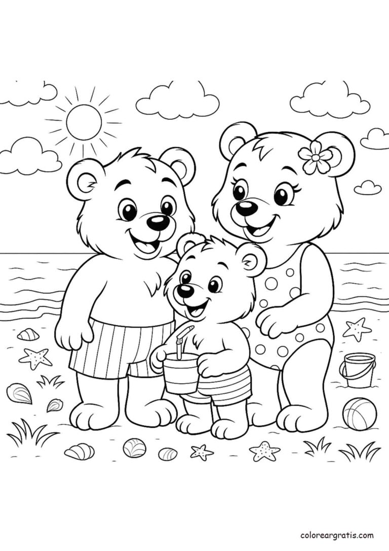 Dibujo de una familia de osos en la playa disfrutando del sol y la arena