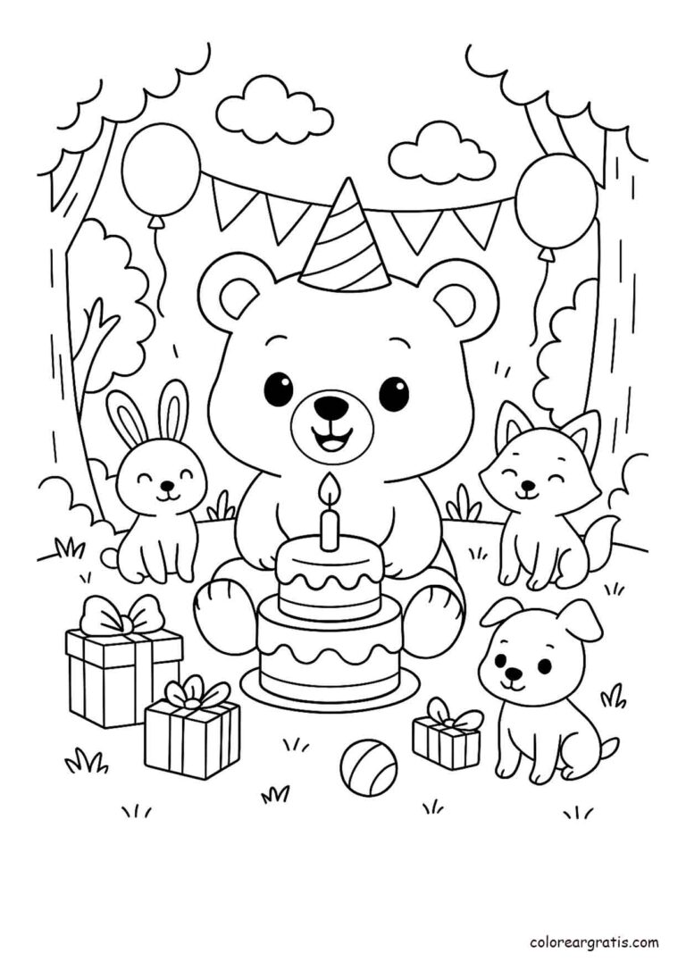 Dibujo de oso celebrando su cumpleaños con amigos en el bosque