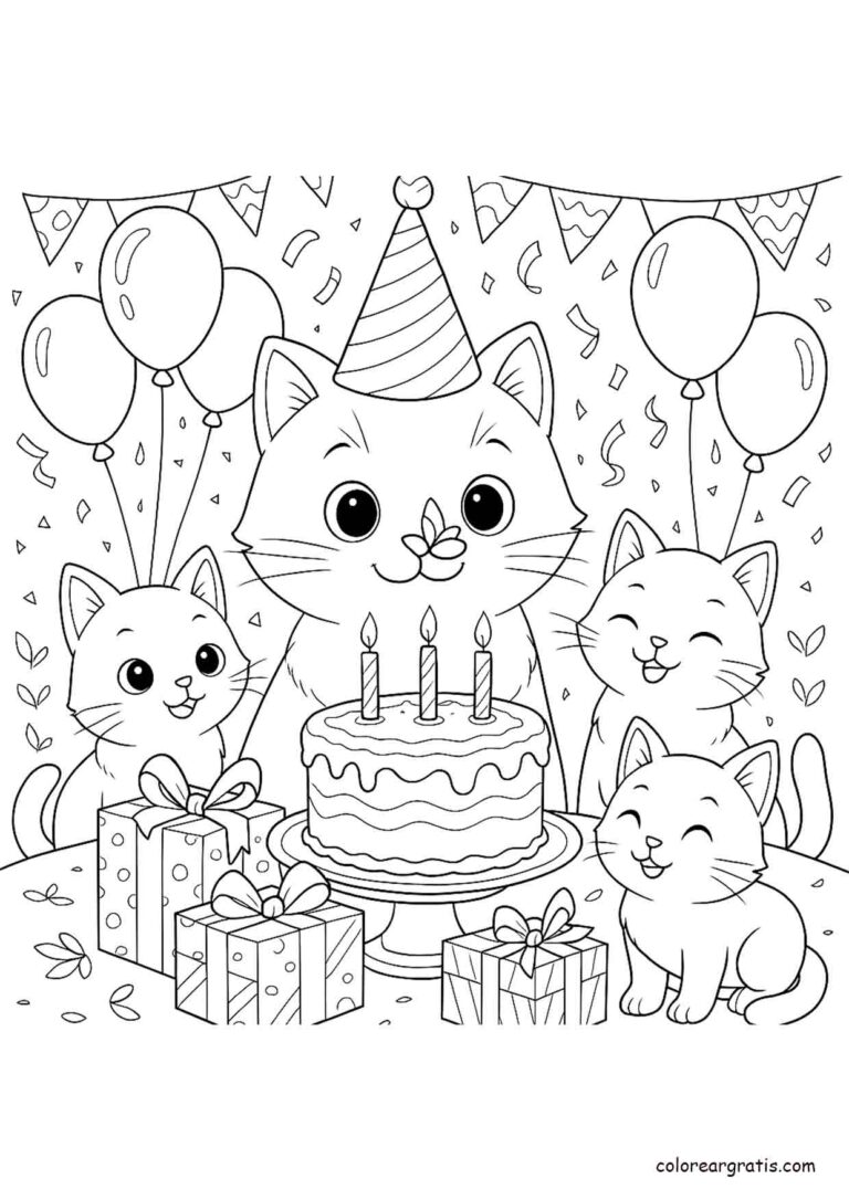 Dibujo para colorear de fiesta de cumpleaños con gatitos, pastel y regalos