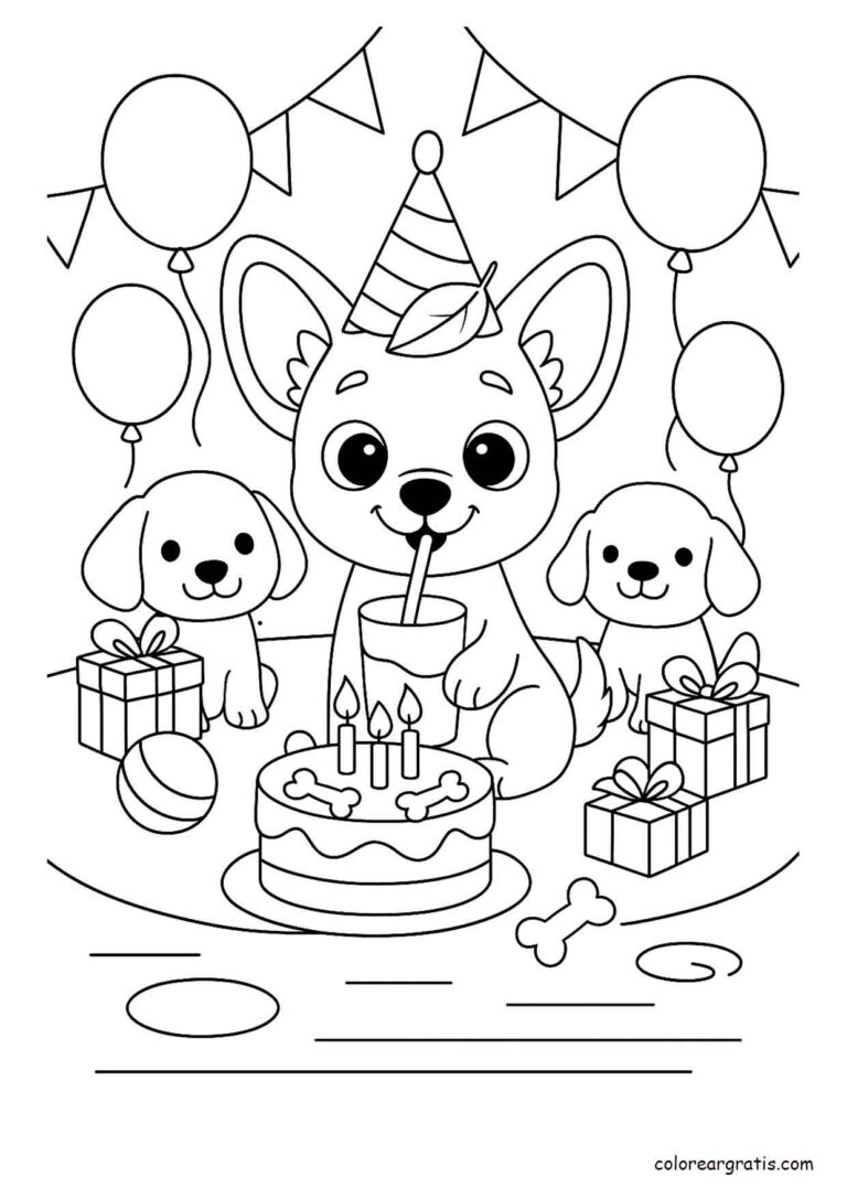 Dibujo para colorear de perritos en una fiesta de cumpleaños con pastel y regalos