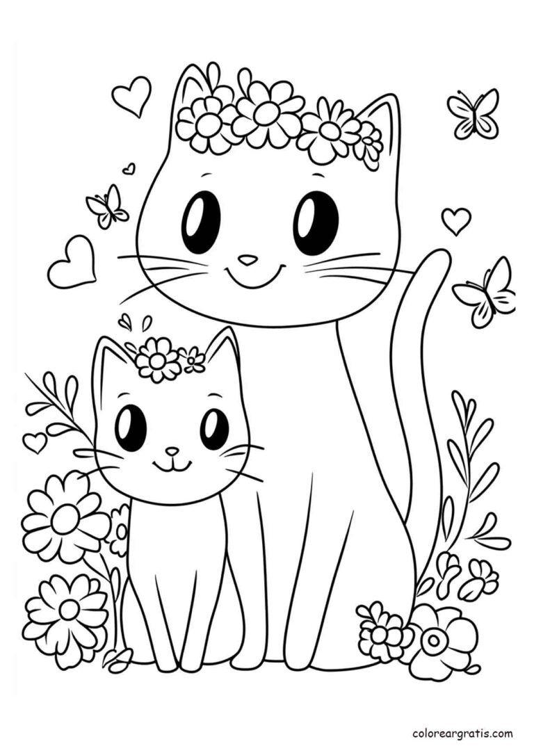 Dibujo de dos gatas con coronas de flores rodeadas de mariposas y corazones para colorear