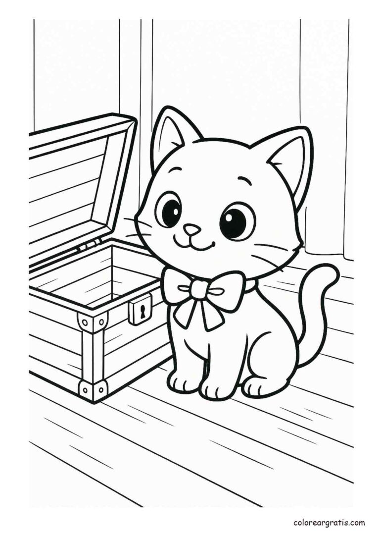 Dibujo de un tierno gatito con un cofre del tesoro para colorear