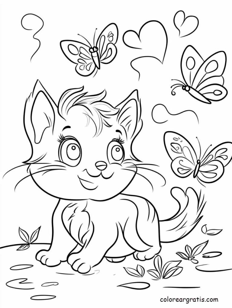 Dibujo de un gatito feliz persiguiendo una mariposa en un campo de flores para colorear