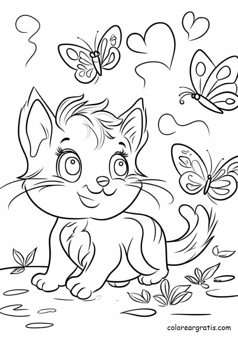 Dibujo de un gatito feliz persiguiendo una mariposa en un campo de flores para colorear