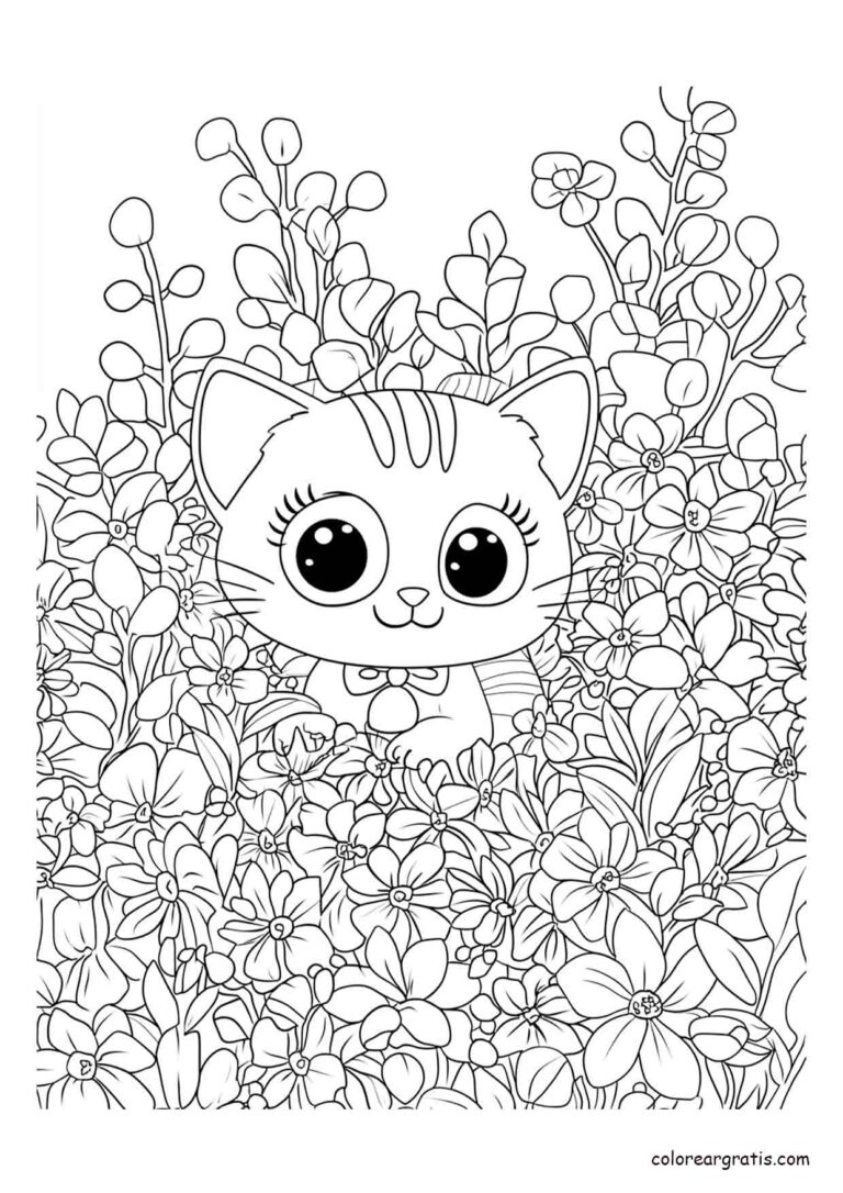Dibujo de un tierno gatito escondido entre flores para colorear