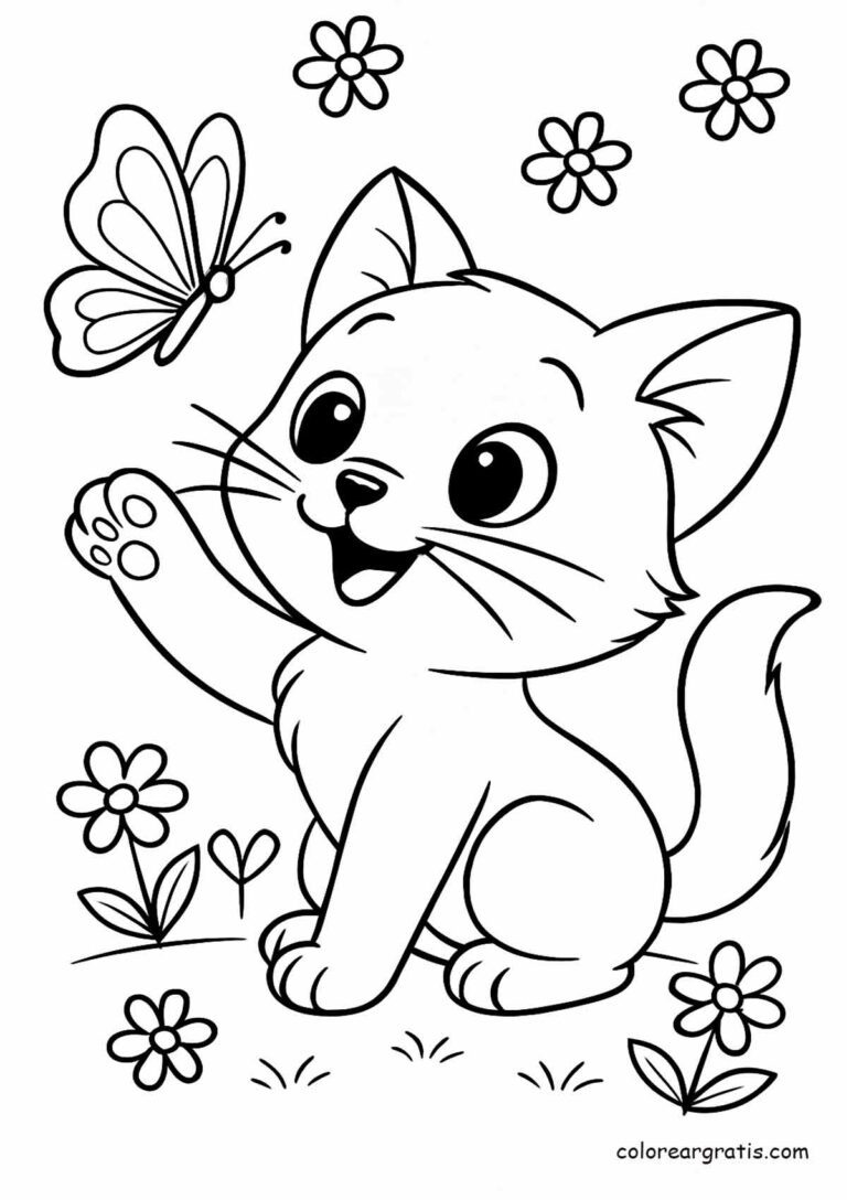 Dibujo de un adorable gatito con flores y mariposas para colorear