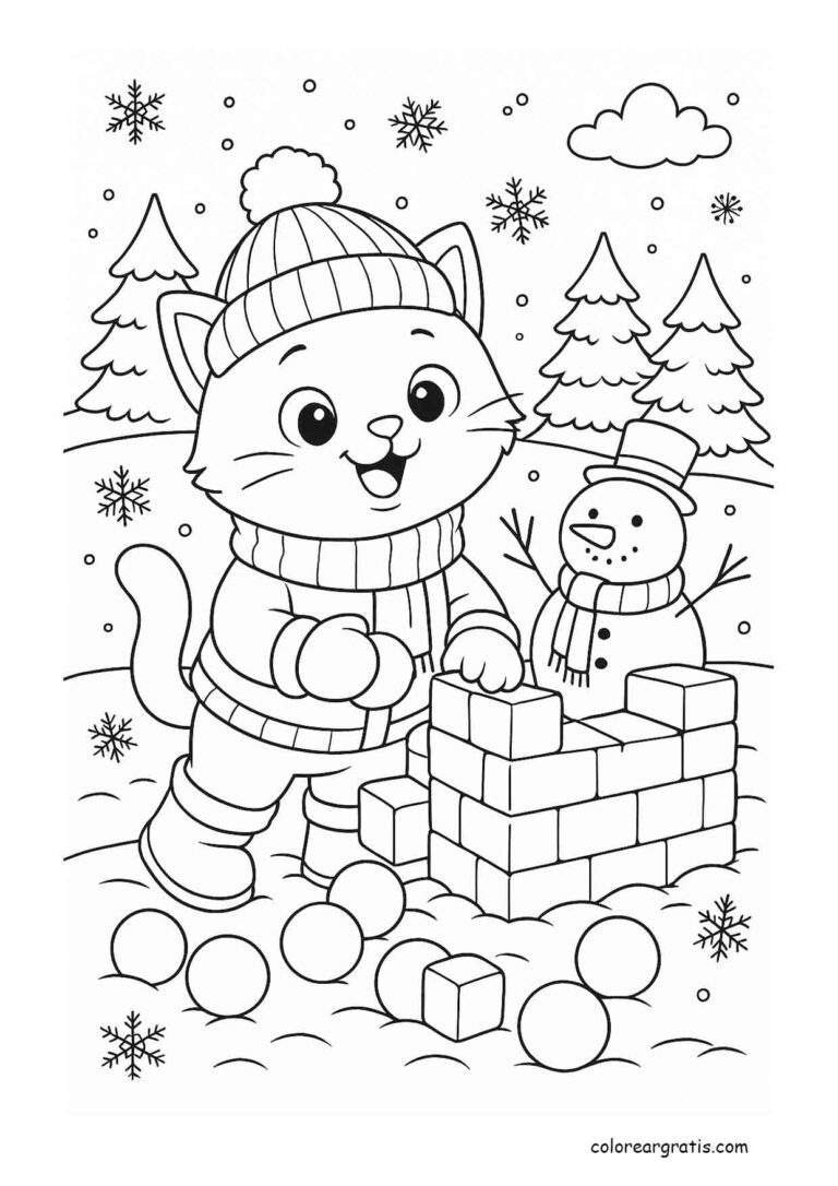 Dibujo para colorear de un gatito jugando en la nieve con muñeco de nieve