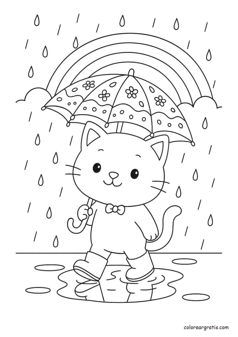 Dibujo para colorear de un gatito caminando bajo la lluvia con paraguas y arcoíris