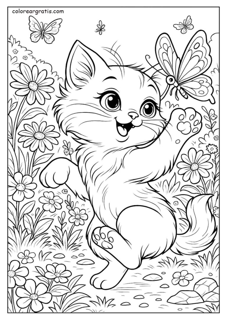 Dibujo de un gatito feliz persiguiendo una mariposa en un campo de flores para colorear