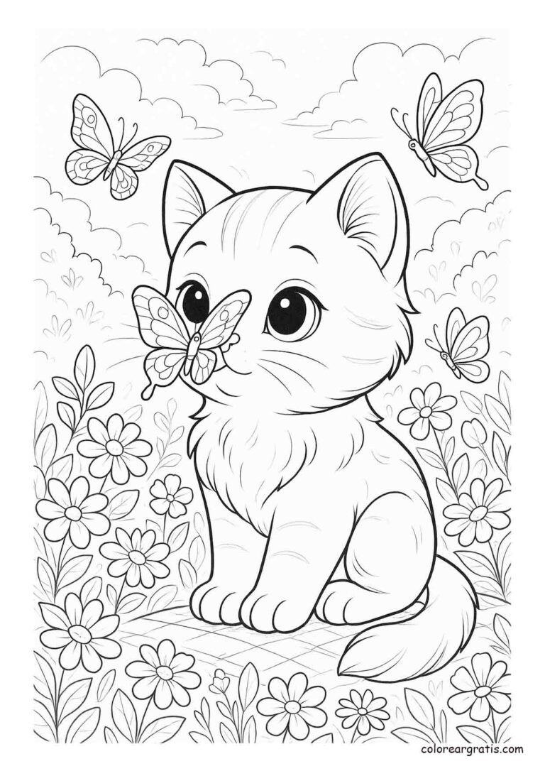 Dibujo tierno de un gatito con mariposa en la nariz rodeado de flores