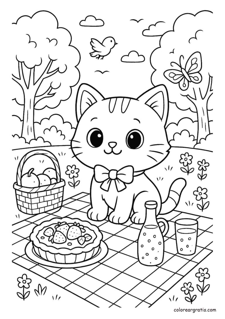 Gatito haciendo picnic para colorear. Ilustración de un gatito con una tarta de frutas disfrutando de un picnic al aire libre