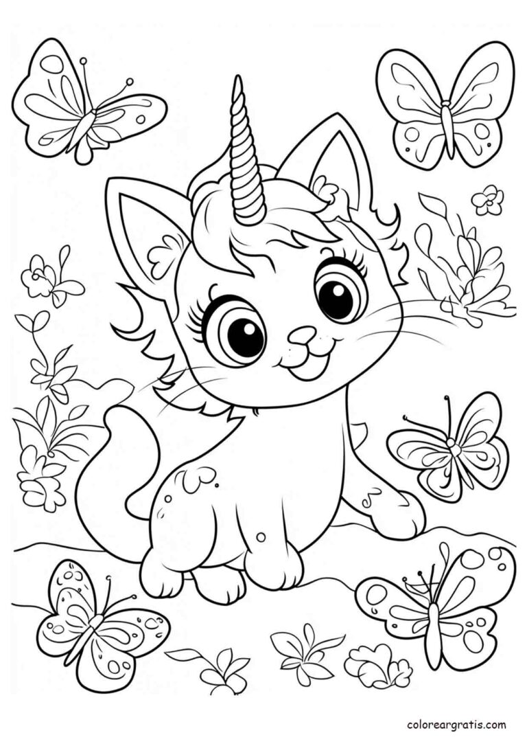 Ilustración de un tierno gatito unicornio con mariposas para colorear