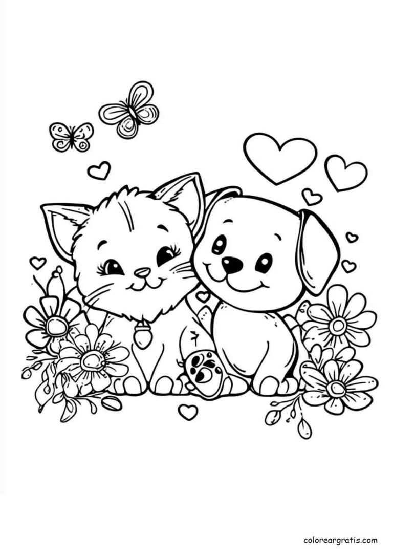 Dibujo para colorear de un gatito y un perrito rodeados de flores