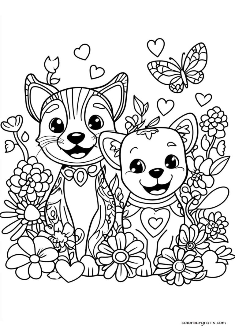 Dibujo para colorear de un gatito y un perrito en un jardín con flores y mariposas