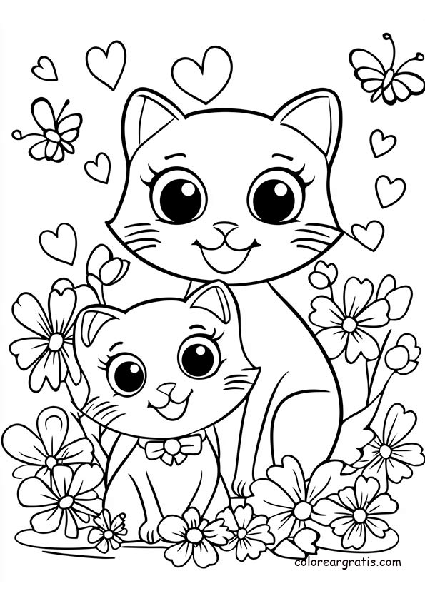 Dibujo encantador de gatitos abrazando a su mamá en un jardín lleno de flores – dibujos de gatos para colorear.