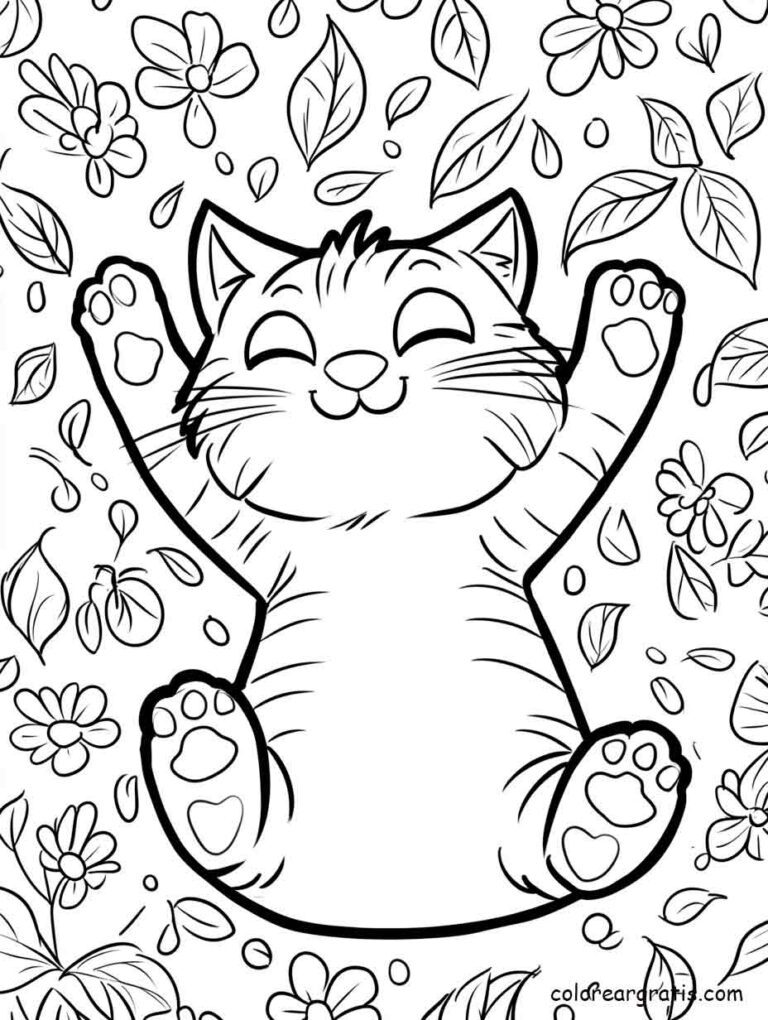 Dibujo adorable de un gatito acostado boca arriba rodeado de flores