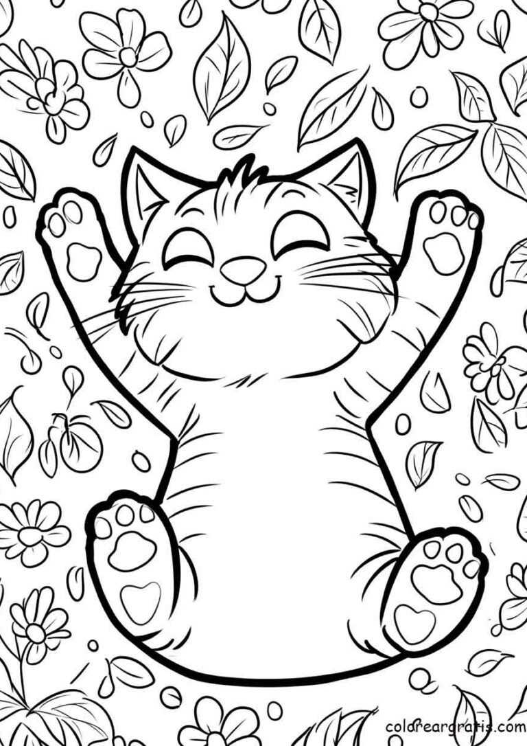 Dibujo adorable de un gatito acostado boca arriba rodeado de flores