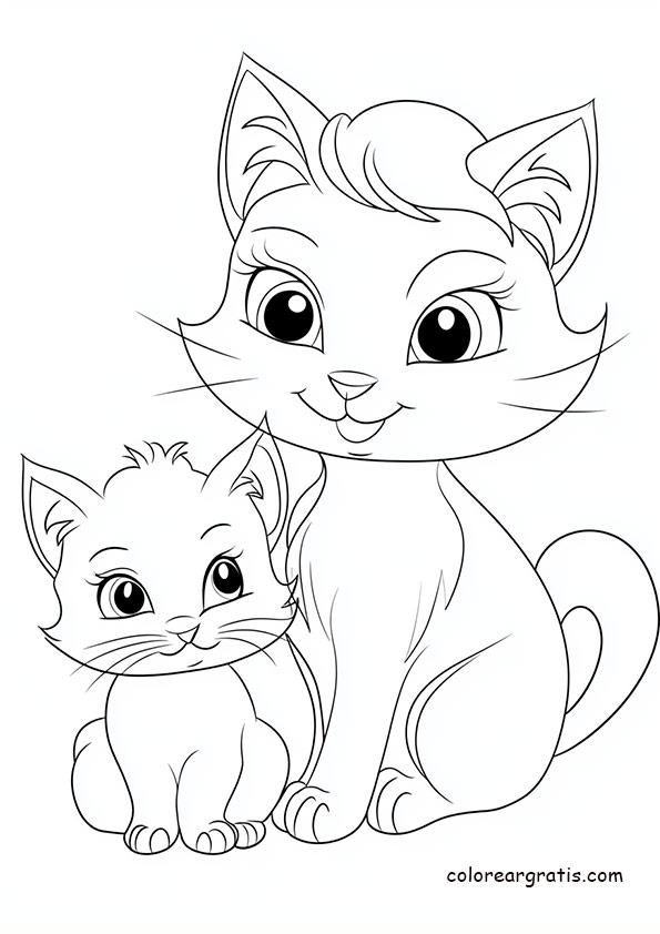 Dibujo de una mamá gata abrazando con ternura a su gatito para colorear