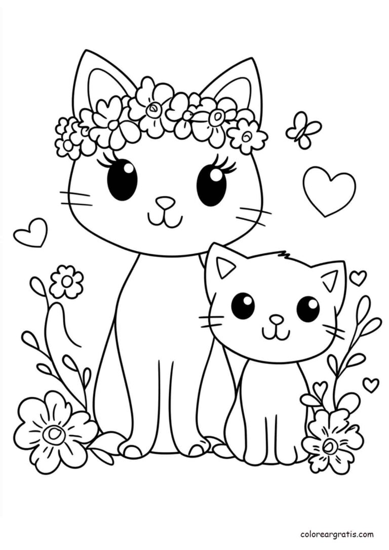 Dibujo de mamá gata con corona de flores y su pequeña gatita para colorear