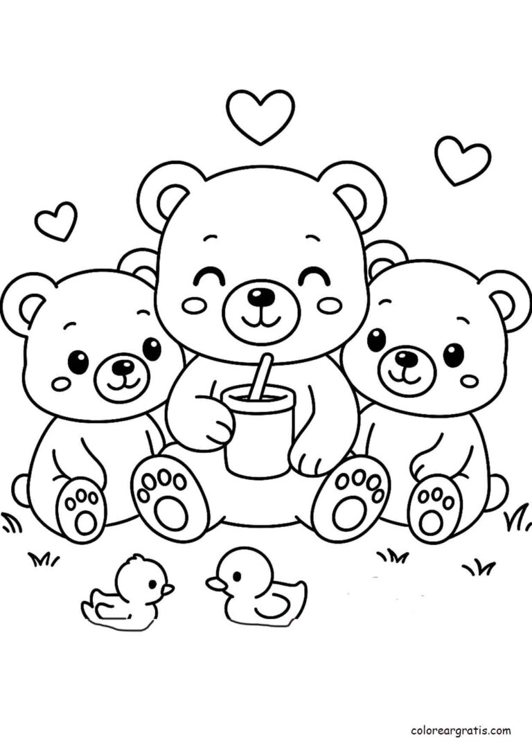 Dibujo para colorear de tres ositos felices con corazones y patitos