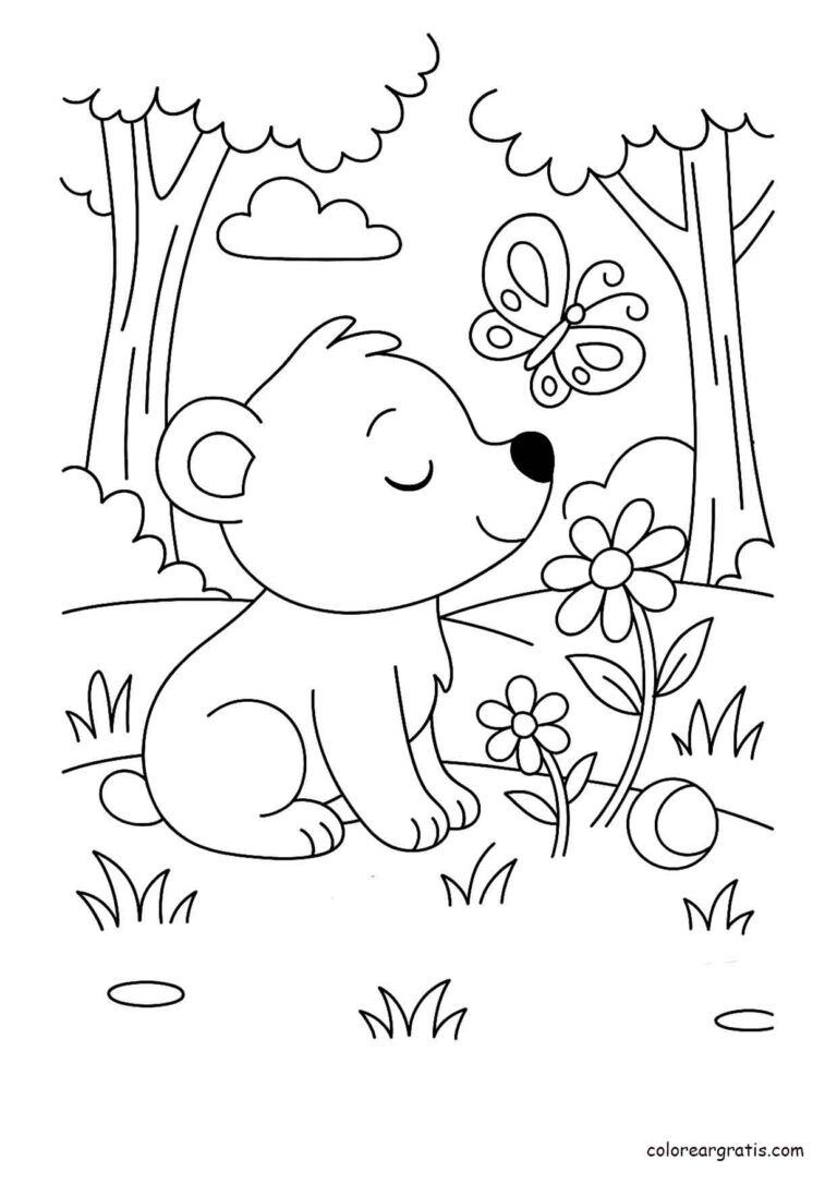 Dibujo de un osito sentado mirando una mariposa entre flores
