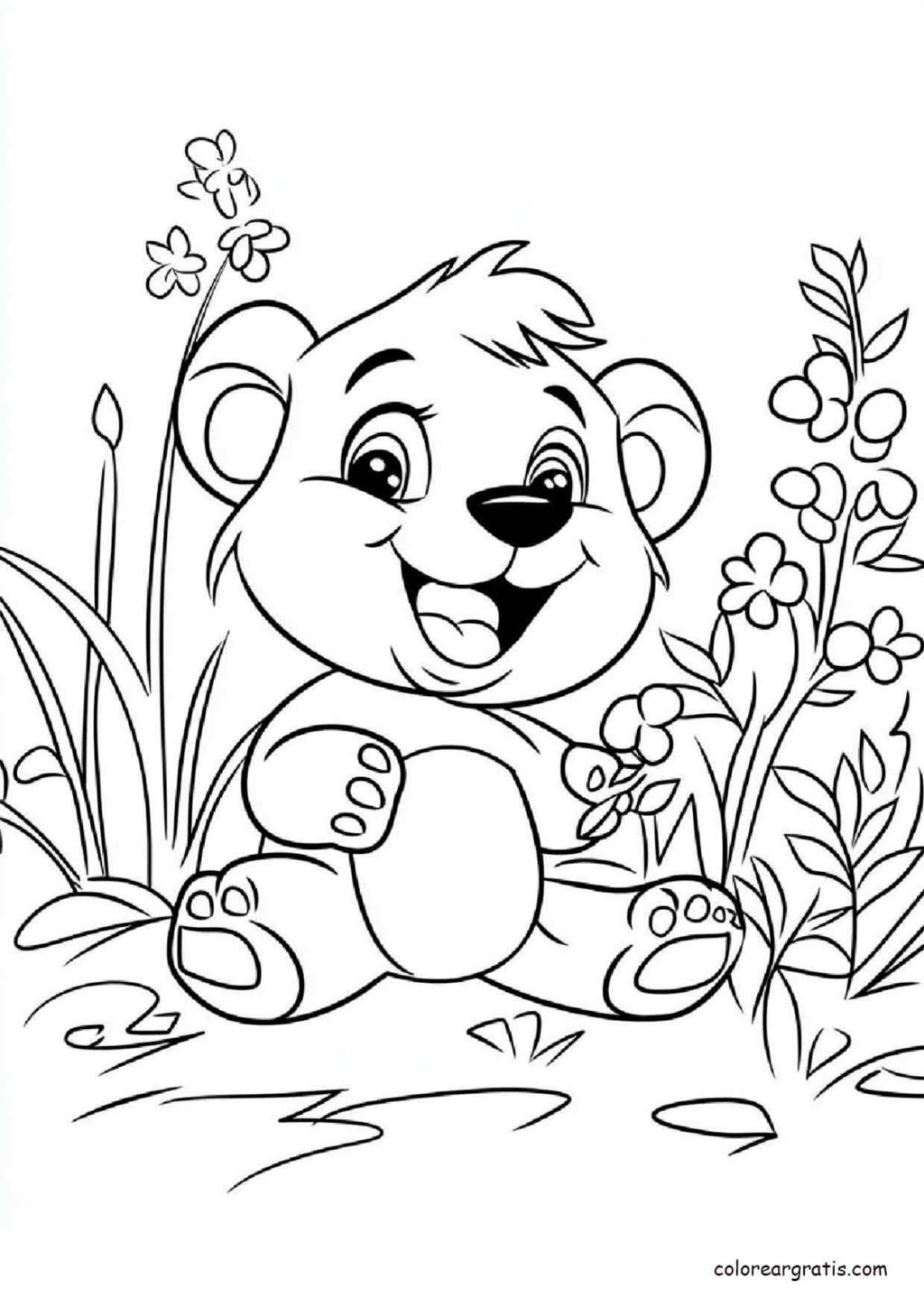 Dibujo de un osito sonriente sentado entre flores y plantas