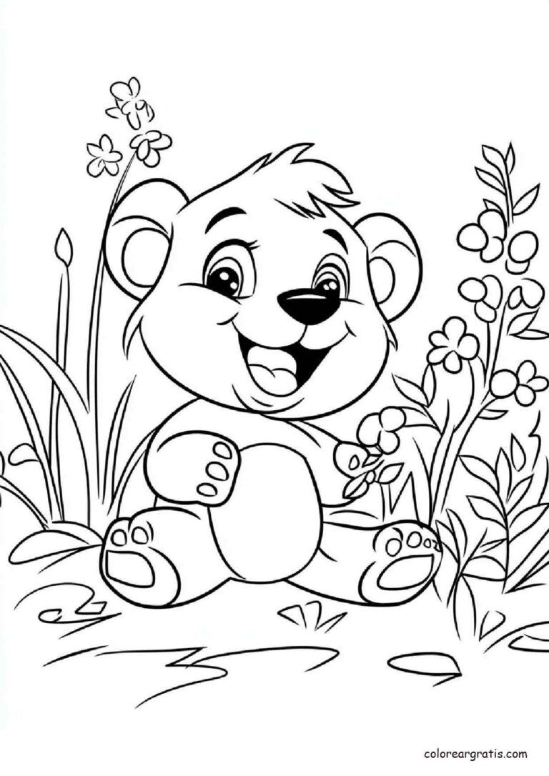 Dibujo de un osito sonriente sentado entre flores y plantas