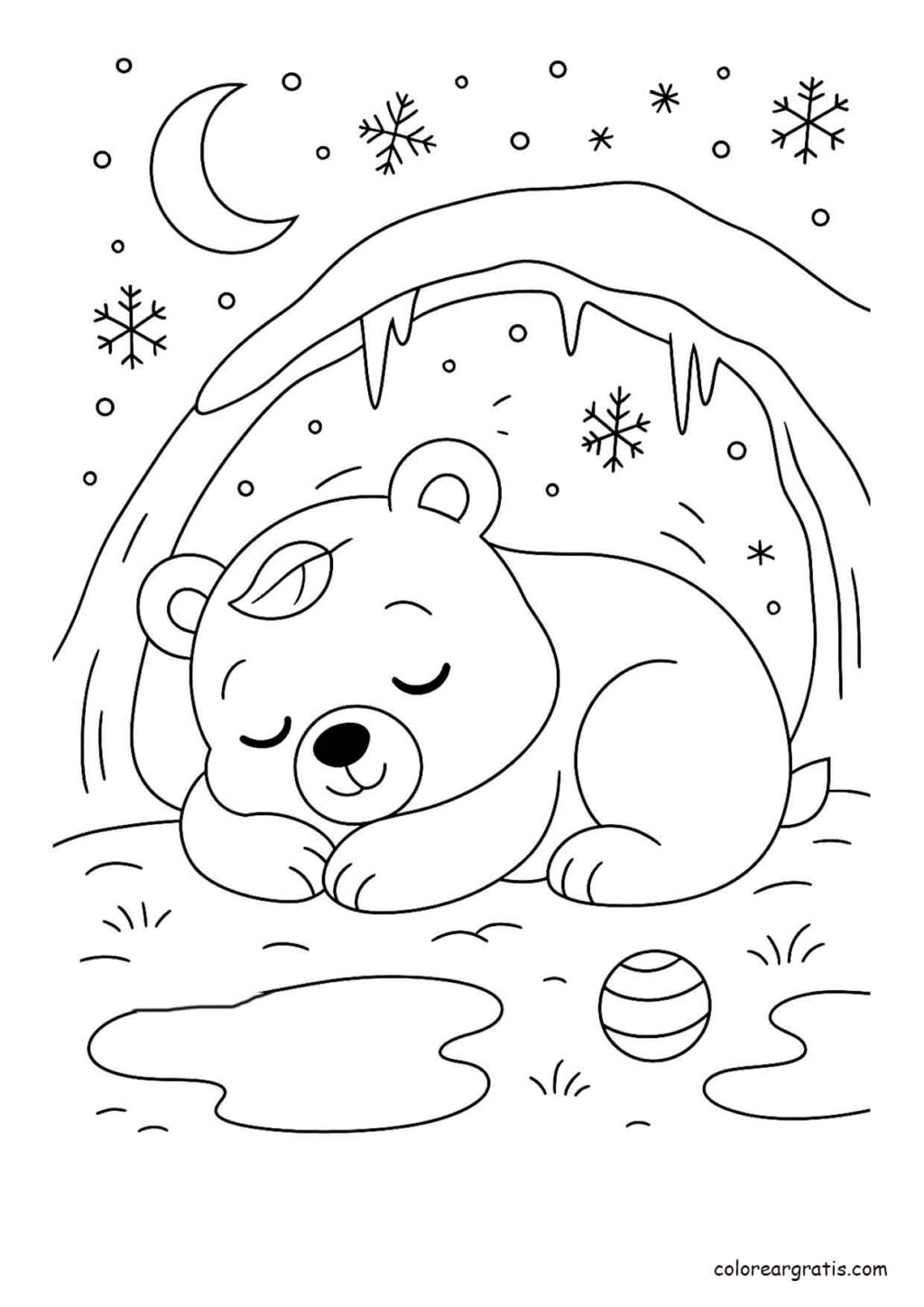Dibujo para colorear de un osito dormido en una cueva en invierno