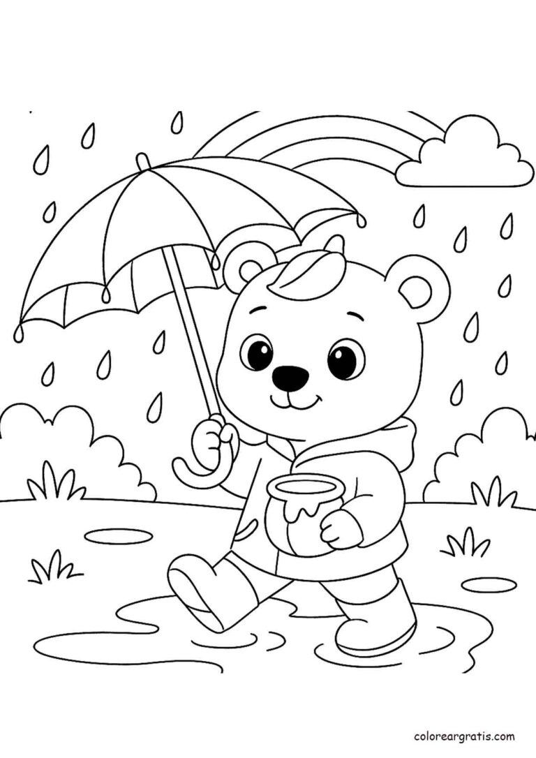 Dibujo de un osito caminando bajo la lluvia con paraguas y taza