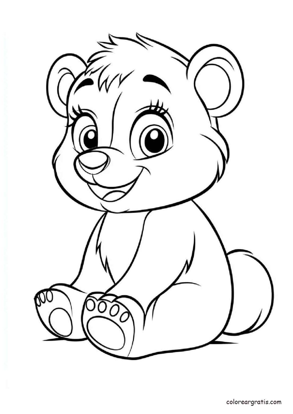 Dibujo para colorear de un osito pequeño sentado y sonriendo
