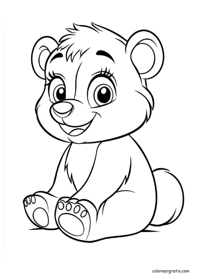 Dibujo para colorear de un osito pequeño sentado y sonriendo