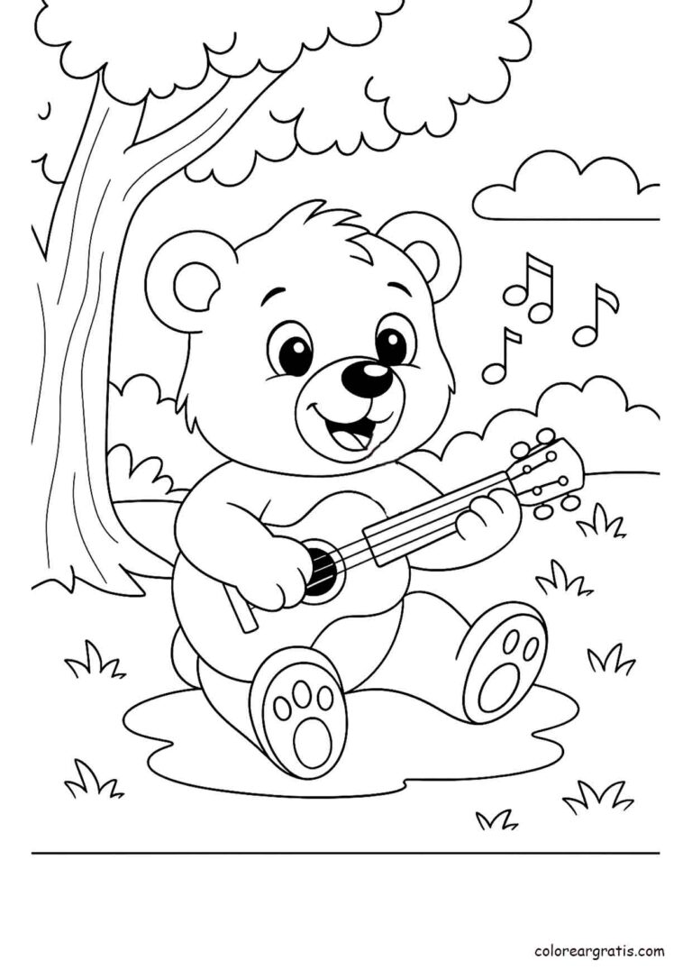 Dibujo para colorear de un osito feliz tocando la guitarra bajo un árbol
