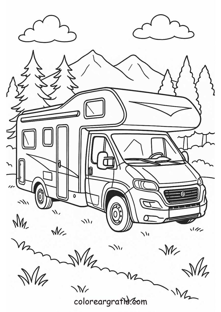 Dibujo para colorear autocaravana en la naturaleza para niños