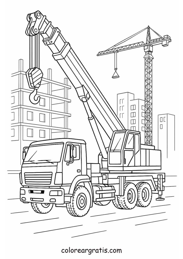 Dibujo para colorear camión grúa en construcción para niños