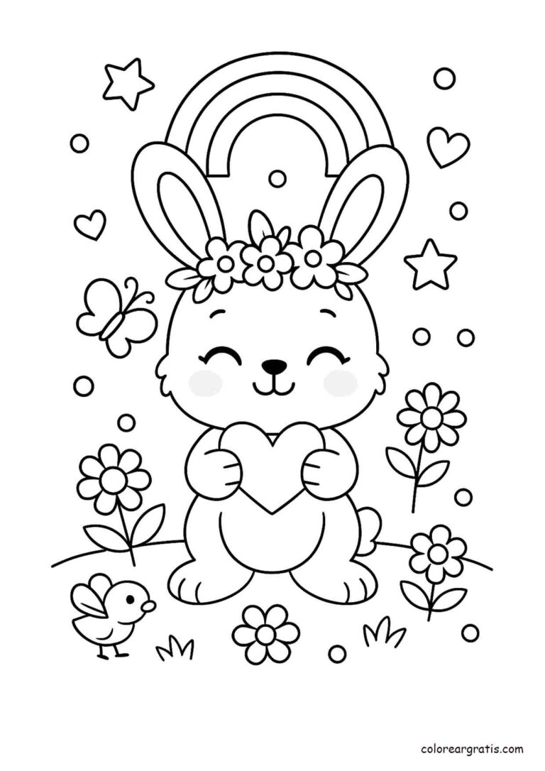 Ilustración en blanco y negro de un conejito sonriente con corona de flores, un corazón en las manos y un arcoíris para colorear