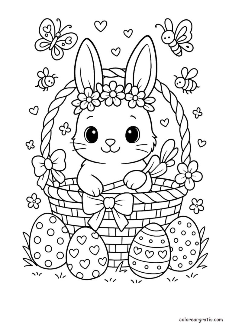 Ilustración en blanco y negro de un conejito con corona de flores dentro de una cesta rodeado de huevos de Pascua, corazones y mariposas para colorear