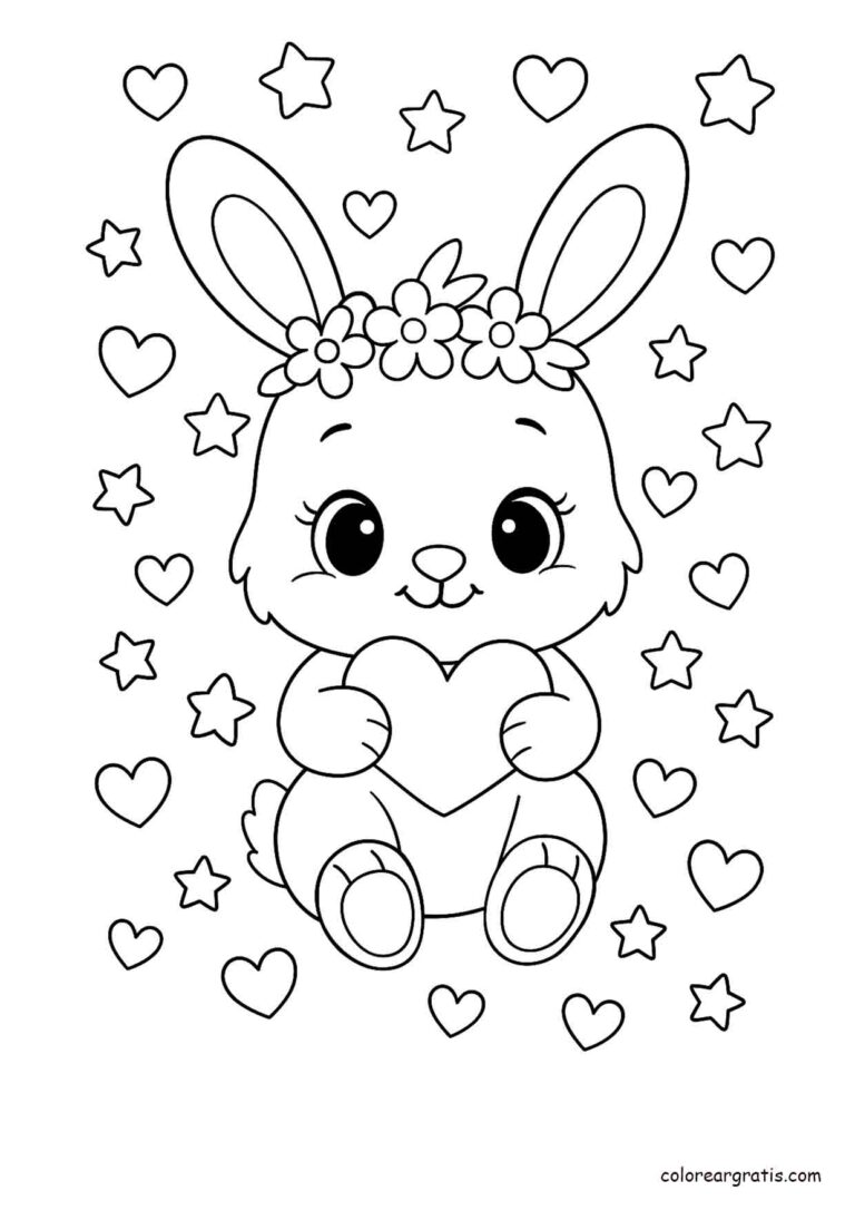Ilustración en blanco y negro de un conejito con corona de flores sosteniendo un corazón rodeado de estrellas y corazones para colorear