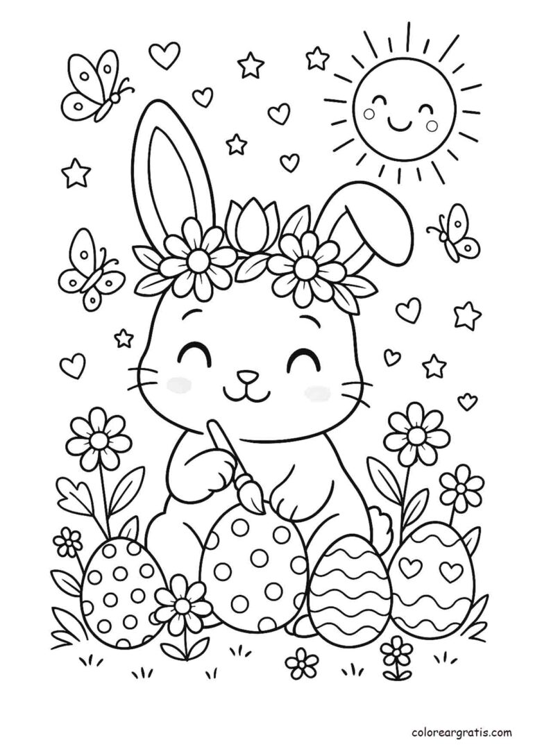 Ilustración en blanco y negro de un conejito feliz decorando huevos de Pascua entre flores, mariposas y sol para colorear