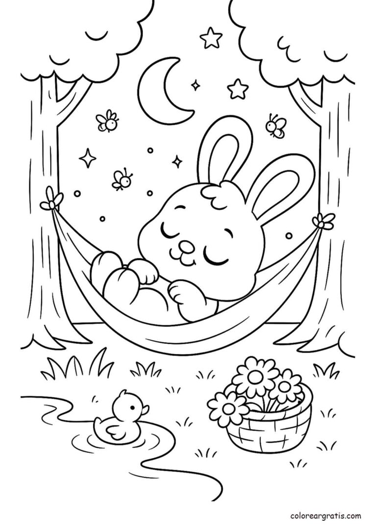 Ilustración en blanco y negro de un conejito durmiendo en una hamaca bajo la luna y estrellas para colorear