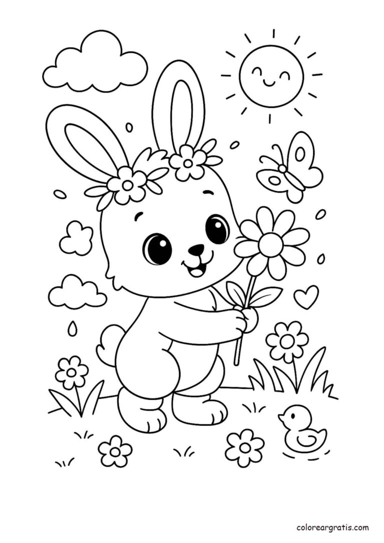 Ilustración en blanco y negro de un conejito con corona de flores sosteniendo una flor bajo el sol con mariposa para colorear