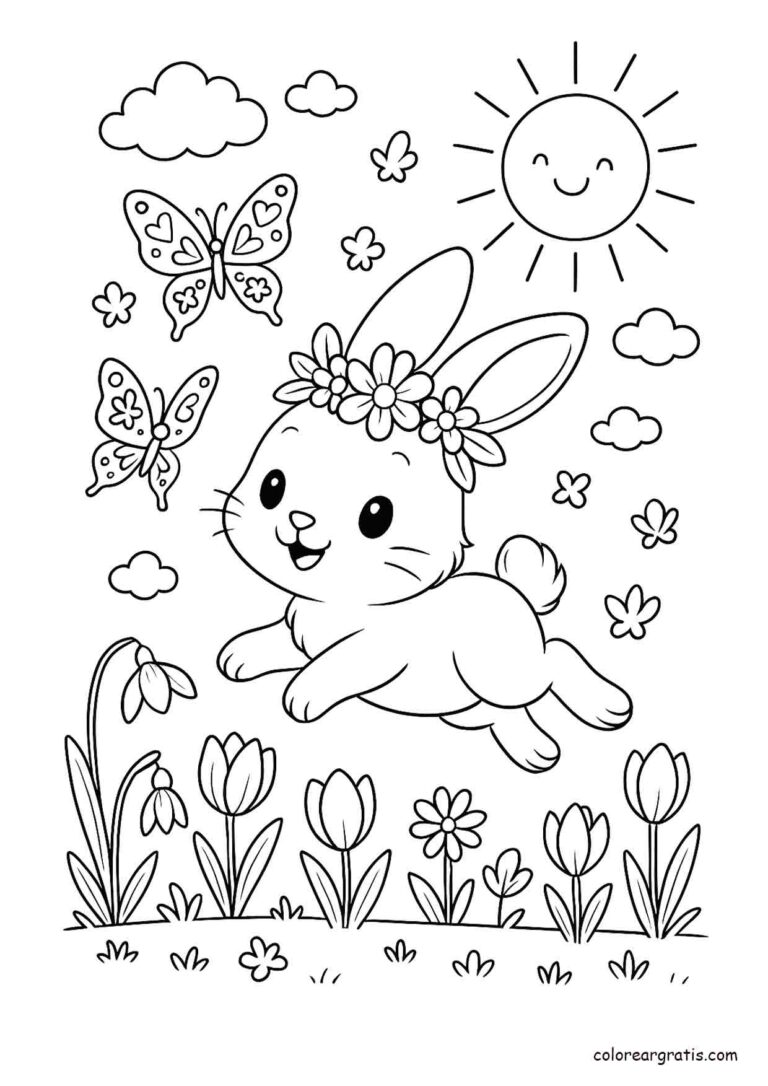 Ilustración en blanco y negro de un conejito con corona de flores saltando entre mariposas y flores primaverales para colorear