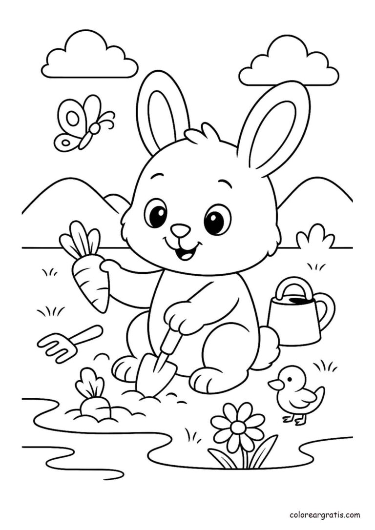 Ilustración en blanco y negro de un conejito cultivando zanahorias en el jardín para colorear