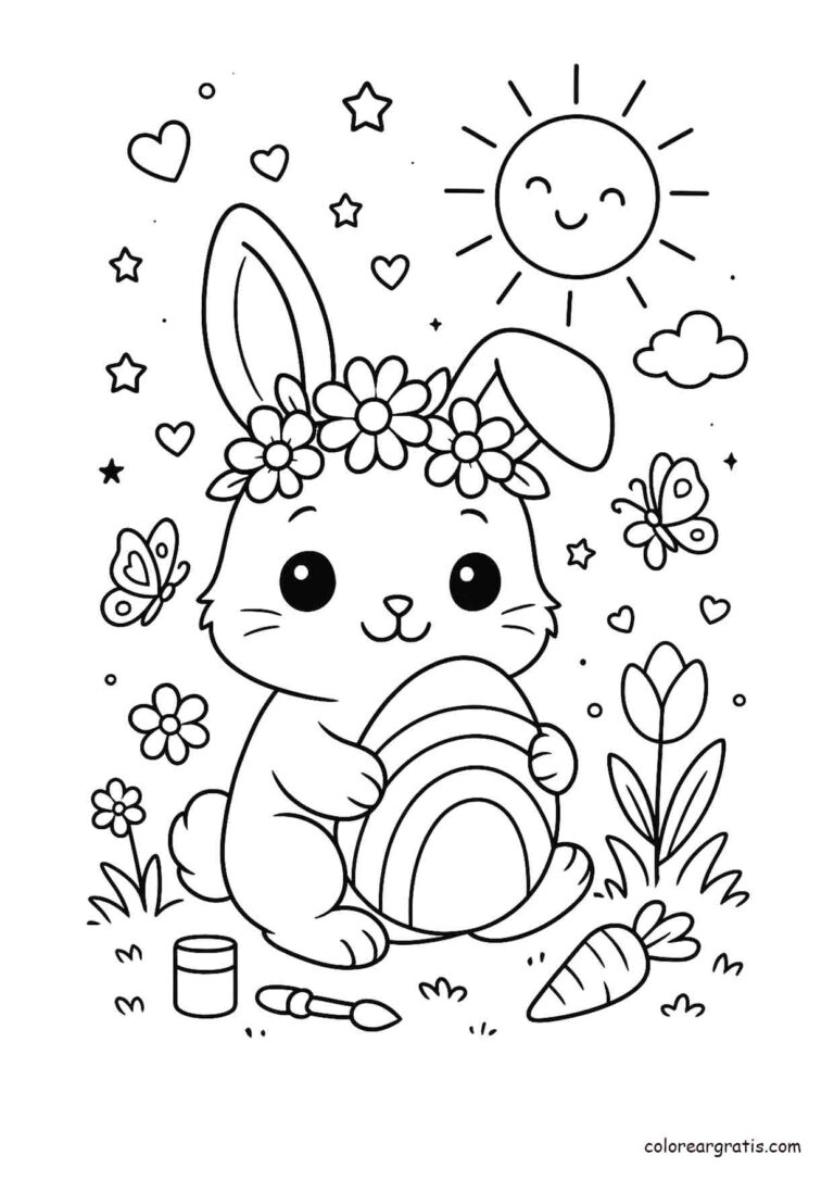 Ilustración en blanco y negro de un conejito con corona de flores decorando un gran huevo de Pascua con pincel, rodeado de flores y mariposas para colorear