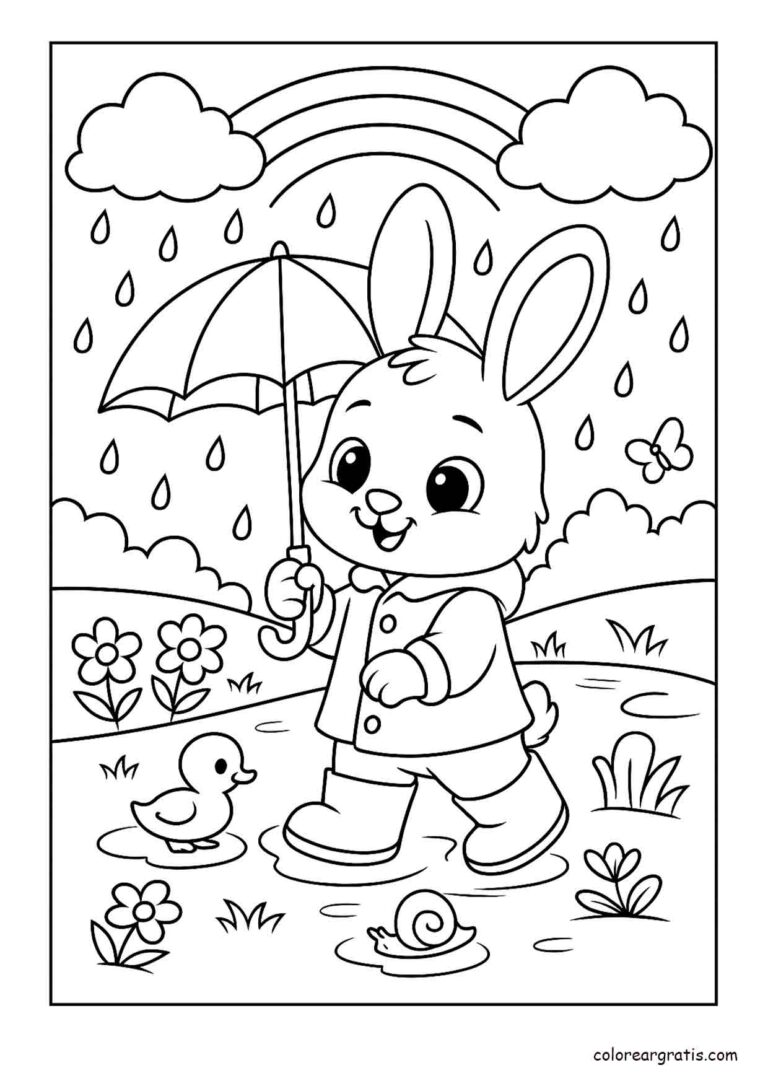 Ilustración en blanco y negro de un conejito caminando bajo la lluvia con un paraguas y un arcoíris para colorear