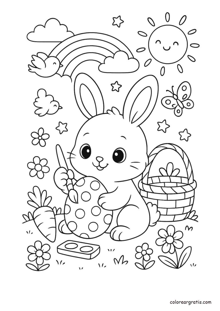 Ilustración en blanco y negro de un conejito pintando un huevo de Pascua con cesta, arcoíris, flores y sol sonriente para colorear