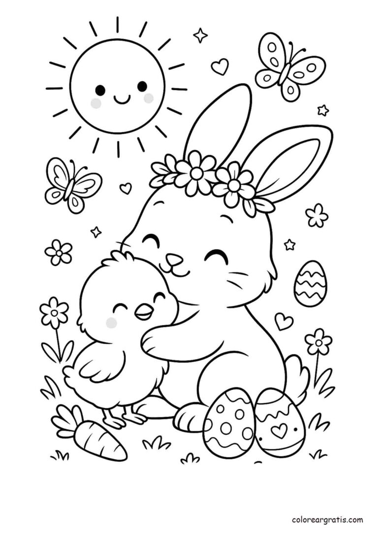 Ilustración en blanco y negro de un conejito con corona de flores abrazando a un pollito entre mariposas, sol, huevos y flores para colorear